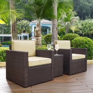 Crosley Furniture - Palm Harbor 3-Piece Outdoor Wicker Conversation Set With Sand Cushions - Two Arm Chairs & Side Table - KO70055BR-SA_CLOSEOUT