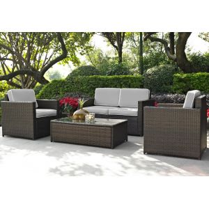 Crosley Furniture - Palm Harbor 4 Piece Outdoor Wicker Seating Set With Gray Cushions - Loveseat, Two Chairs & Glass Top Table - KO70001BR-GY