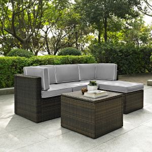 Crosley Furniture - Palm Harbor 5 Piece Outdoor Wicker Seating Set With Gray Cushions - Two Corner Chairs, Center Chair, Ottoman & Coffee Sectional Table - KO70011BR-GY