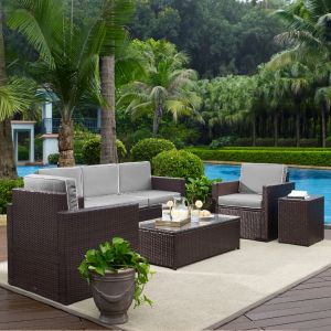 Crosley Furniture - Palm Harbor 5-Piece Outdoor Wicker Sofa Conversation Set With Gray Cushions - Sofa, Two Arm Chairs, Side Table & Glass Top Table - KO70054BR-GY_CLOSEOUT