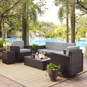 Crosley Furniture - Palm Harbor 5-Piece Outdoor Wicker Sofa Conversation Set With Gray Cushions - Sofa, Two Swivel Chairs, Side Table & Glass Top Table - KO70057BR-GY