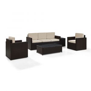 Crosley Furniture - Palm Harbor 5-Piece Outdoor Wicker Sofa Conversation Set With Sand Cushions - Sofa, Two Arm Chairs, Side Table & Glass Top Table - KO70054BR-SA_CLOSEOUT