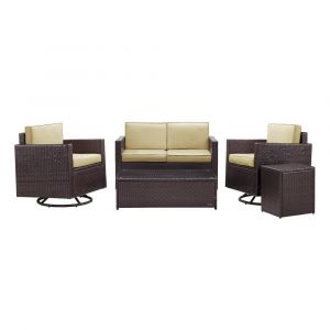 Crosley Furniture - Palm Harbor 5-Piece Outdoor Wicker Sofa Conversation Set With Sand Cushions - Sofa, Two Swivel Chairs, Side Table & Glass Top Table - KO70057BR-SA