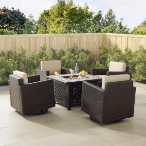 Crosley Furniture - Palm Harbor 5Pc Outdoor Wicker Conversation Set W-Fire Table Sand-Brown - Tucson Fire Table and 4 Swivel Rocking Chairs - KO70600BR-SA