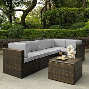 Crosley Furniture - Palm Harbor 6 Piece Outdoor Wicker Seating Set With Gray Cushions - Three Corner Chairs, Two Center Chairs & Coffee Sectional Table - KO70007BR-GY