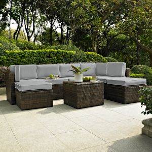 Crosley Furniture - Palm Harbor 8 Piece Outdoor Wicker Seating Set With Gray Cushions - Two Corner Chairs, Three Center Chairs, Two Ottomans & Coffee Sectional Table - KO70008BR-GY_CLOSEOUT