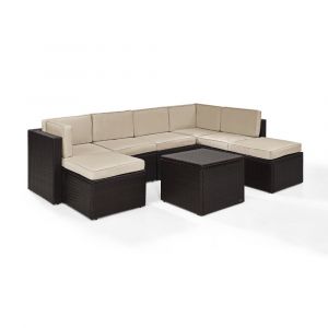 Crosley Furniture - Palm Harbor 8 Piece Outdoor Wicker Seating Set With Sand Cushions - Two Corner Chairs, Three Center Chairs, Two Ottomans & Coffee Sectional Table - KO70008BR-SA_CLOSEOUT
