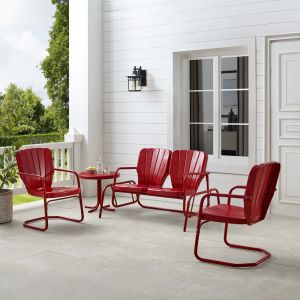Crosley Furniture - Ridgeland 4Pc Outdoor Metal Conversation Set Bright Red Gloss - Loveseat Glider, Side Table, & 2 Armchairs - KO10022RE