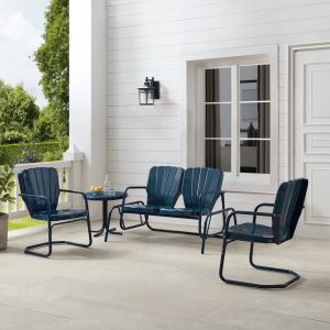 Crosley Furniture - Ridgeland 4Pc Outdoor Metal Conversation Set Navy Gloss - Loveseat Glider, Side Table, & 2 Armchairs - KO10022NV