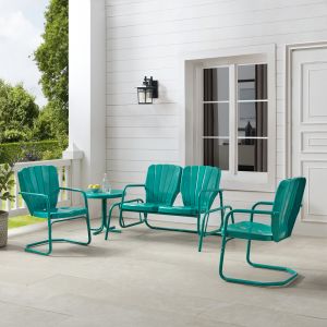 Crosley Furniture - Ridgeland 4Pc Outdoor Metal Conversation Set Turquoise Gloss - Loveseat Glider, Side Table, & 2 Armchairs - KO10022TU