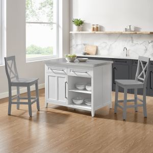 Crosley Furniture Silvia Stainless Steel Top Kitchen Island W/X-Back Stools White/Gray - Kitchen Island & 2 Stools - KF30083WH-GY