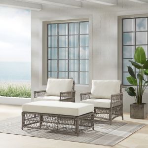 Crosley Furniture - Thatcher 3Pc Outdoor Wicker Armchair And Ottoman Set Creme/Driftwood - Coffee Table Ottoman & 2 Armchairs - KO70437DW-CR