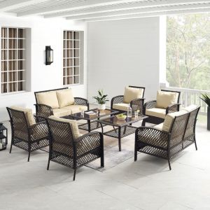 Crosley Furniture - Tribeca 8Pc Outdoor Wicker Conversation Set Sand-Brown - 2 Loveseats, 4 Armchairs, and 2 Coffee Tables - KO70237BR-SA_CLOSEOUT