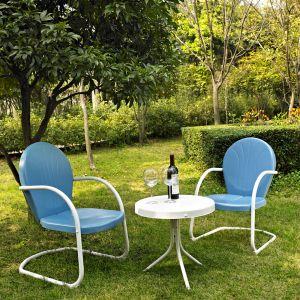Crosley Furniture - Griffith 3 Piece Metal Outdoor Conversation Seating Set - Two Chairs in Sky Blue Finish with Side Table in White Finish - KO10004BL