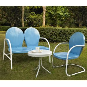 Crosley Furniture - Griffith 3 Piece Metal Outdoor Conversation Seating Set - Loveseat & Chair in Sky Blue Finish with Side Table in White Finish - KO10003BL