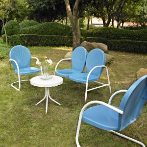 Crosley Furniture - Griffith 4 Piece Metal Outdoor Conversation Seating Set - Loveseat & 2 Chairs in Sky Blue Finish with Side Table in White Finish - KO10001BL