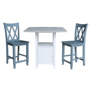International Concepts (Set of 3 Pcs) - Dual Drop Leaf Bistro Table - Counter Height with Storage - 2 Counter Height Stools in White/Chalk - Antiqued Finish - K128-3638-S86-202-2