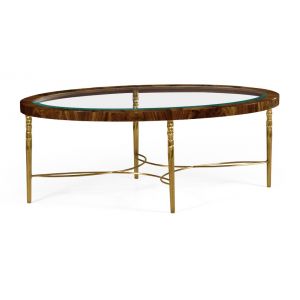 Jonathan Charles Fine Furniture - Clean and Classic Oval Coffee Table in Tropical Walnut Crotch with Brass Base - 495649-TWC