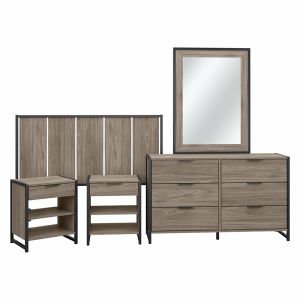 Kathy Ireland Home - Atria Full/Queen Headboard w 6 Drawer Dresser, Mirror and Nightstands in Modern Hickory - ATR014MH