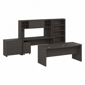 Kathy Ireland Home - Echo 72W Bow Front Desk Set with Credenza, Hutch and Storage in Charcoal Maple - ECH055CM