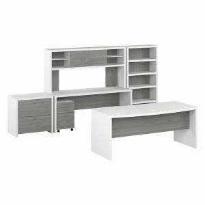 Kathy Ireland Home - Echo 72W Bow Front Desk Set with Credenza, Hutch and Storage in Pure White and Modern Gray - ECH055WHMG