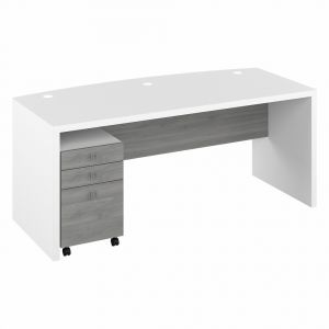 Kathy Ireland Home - Echo 72W Bow Front Desk with 3 Drawer Mobile File Cabinet in Pure White and Modern Gray - ECH046WHMG