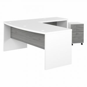 Kathy Ireland Home - Echo 72W Bow Front L Shaped Desk with 3 Drawer Mobile File Cabinet in Pure White and Modern Gray - ECH049WHMG