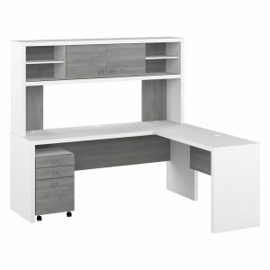 Kathy Ireland Home - Echo 72W L Shaped Computer Desk with Hutch and 3 Drawer Mobile File Cabinet in Pure White and Modern Gray - ECH051WHMG