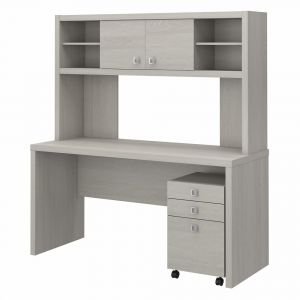 Kathy Ireland Home - Echo Credenza Desk with Hutch and Mobile File Cabinet in Gray Sand - ECH006GS
