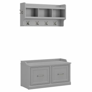 Kathy Ireland Home - Woodland 40W Shoe Storage Bench with Doors and Wall Mounted Coat Rack in Cape Cod Gray - WDL003CG