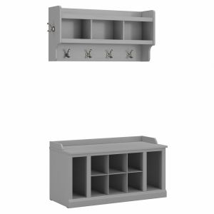 Kathy Ireland Home - Woodland 40W Shoe Storage Bench with Shelves and Wall Mounted Coat Rack in Cape Cod Gray - WDL004CG