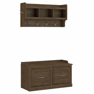 Kathy Ireland Home - Woodland 40W Shoe Storage Bench with Doors and Wall Mounted Coat Rack in Ash Brown - WDL003ABR