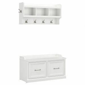 Kathy Ireland Home - Woodland 40W Shoe Storage Bench with Doors and Wall Mounted Coat Rack in White Ash - WDL003WAS