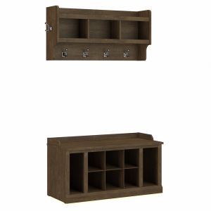 Kathy Ireland Home - Woodland 40W Shoe Storage Bench with Shelves and Wall Mounted Coat Rack in Ash Brown - WDL004ABR