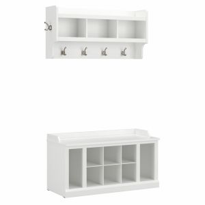 Kathy Ireland Home - Woodland 40W Shoe Storage Bench with Shelves and Wall Mounted Coat Rack in White Ash - WDL004WAS