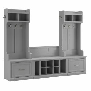 Kathy Ireland Home - Woodland Entryway Storage Set with Hall Trees and Shoe Bench with Drawers in Cape Cod Gray - WDL012CG