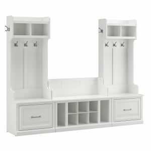 Kathy Ireland Home - Woodland Entryway Storage Set with Hall Trees and Shoe Bench with Drawers in White Ash - WDL012WAS