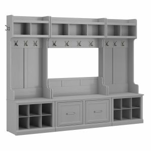 Kathy Ireland Home - Woodland Full Entryway Storage Set with Coat Rack and Shoe Bench with Doors in Cape Cod Gray - WDL013CG