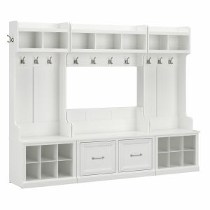 Kathy Ireland Home - Woodland Full Entryway Storage Set with Coat Rack and Shoe Bench with Doors in White Ash - WDL013WAS