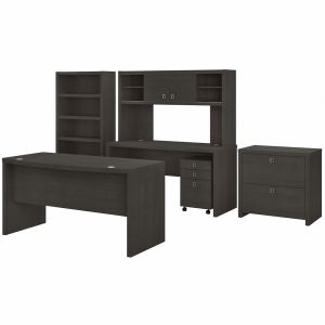 Kathy Ireland Office - Echo Bow Front Desk, Credenza with Hutch, Bookcase and File Cabinets in Charcoal Maple - ECH029CM