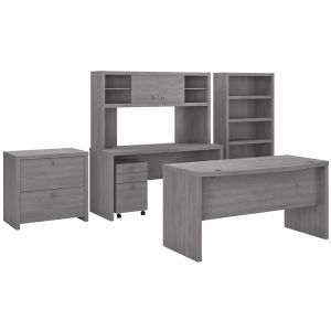 Kathy Ireland Office - Echo Bow Front Desk, Credenza with Hutch, Bookcase and File Cabinets in Modern Gray - ECH029MG