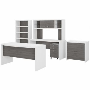 Kathy Ireland Office - Echo Bow Front Desk, Credenza with Hutch, Bookcase and File Cabinets in Pure White and Modern Gray - ECH029WHMG