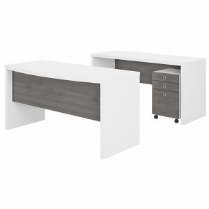 Kathy Ireland Office - Echo Bow Front Desk and Credenza with Mobile File Cabinet in Pure White and Modern Gray - ECH010WHMG