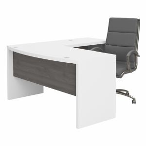 Kathy Ireland Office - Echo L Shaped Bow Front Desk with High Back Chair in Pure White and Modern Gray - ECH034WHMG
