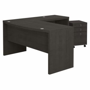 Kathy Ireland Office - Echo L Shaped Bow Front Desk with Mobile File Cabinet in Charcoal Maple - ECH007CM