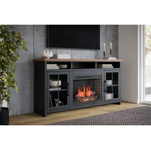 Legends Furniture - Bridgevine Home Essex 74 inch Fireplace TV Stand Console for TVs up to 85 inches, Black and Whiskey Finish - ES5110.SWK