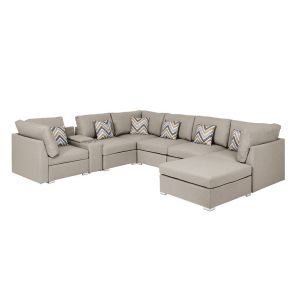 Lilola Home - Amira Beige Fabric Reversible Modular Sectional Sofa with USB Console and Ottoman - 89820-6