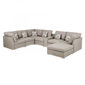 Lilola Home - Amira Beige Fabric Reversible Modular Sectional Sofa with USB Console and Ottoman - 89820-6A