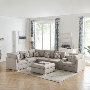 Lilola Home - Amira Beige Fabric Reversible Modular Sectional Sofa with USB Console and Ottoman - 89820-6B