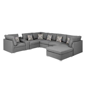 Lilola Home - Amira Gray Fabric Reversible Modular Sectional Sofa with USB Console and Ottoman - 89825-6